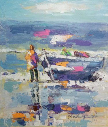 Painting titled "Barque bleu" by Mohammed Bouafia, Original Artwork, Stainless Steel
