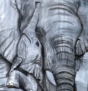 Eléphante et éléphanteau Peinture intitulée "Eléphante et élépha…" par Segolene Genoud (SEG'S), Œuvre d'art originale, Huile