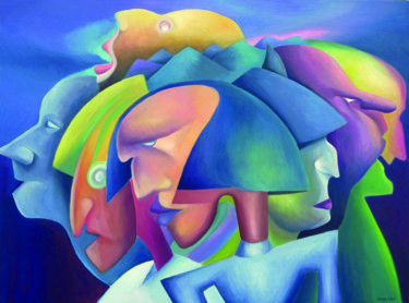 Peinture intitulée "Grappe de têtes" par Raphaël Roux, Œuvre d'art originale, Huile