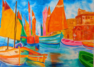 Colors Boats, oil on canvas Peinture intitulée "Colors Boats, oil o…" par Maria Sabrina Viviani, Œuvre d'art originale, Huile Monté sur Châssis en bois