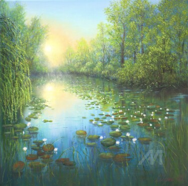 Malerei mit dem Titel "Sunrise at the pond" von Ludmilla Ukrow, Original-Kunstwerk, Öl