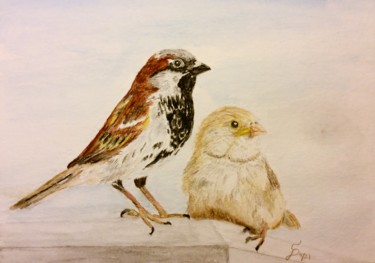 les deux moineaux / zwei Spatzen Peinture intitulée "les deux moineaux /…" par Stefan Dhein, Œuvre d'art originale, Aquarelle