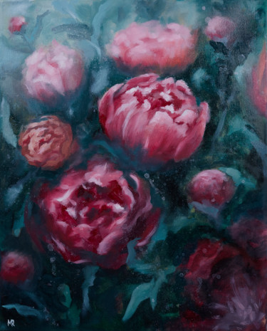 Mystical Peonies - flowers garden nature greenpetals 「Mystical Peonies -…」というタイトルの絵画 Мария Яковлеваによって, オリジナルのアートワーク, オイル ウッドストレッチャーフレームにマウント