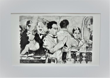 Druckgrafik mit dem Titel "Derrière le comptoir" von Hugues Renck, Original-Kunstwerk, Monotypie Auf Karton montiert