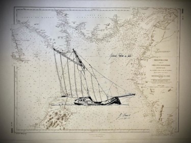 Galway Hooker sur carte de la mer d'Irlande (encré) Dibujo titulada "Galway Hooker sur c…" por Guillaume Flouriot, Obra de arte original, Tinta