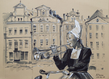 Netherlands, trumpeter girl in national costume on a bicycle Drawing titled "Netherlands, trumpe…" by Viktoriia Gaman, Original Artwork, Marker