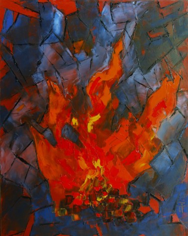 Painting titled "Le feu de la St Jean" by Thierry Faure, Original Artwork, Oil Mounted on Wood Stretcher frame