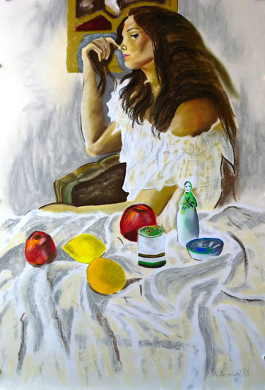 Die Frau am Tisch (1998) Zeichnungen mit dem Titel "Die Frau am Tisch (…" von Mirek Kuzniar, Original-Kunstwerk, Pastell