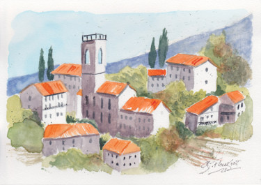 Painting titled "Village Italien" by Guillaume Flouriot, Original Artwork, Watercolor