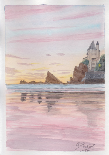 Marée basse à Biarritz Painting titled "Marée basse à Biarr…" by Guillaume Flouriot, Original Artwork, Watercolor