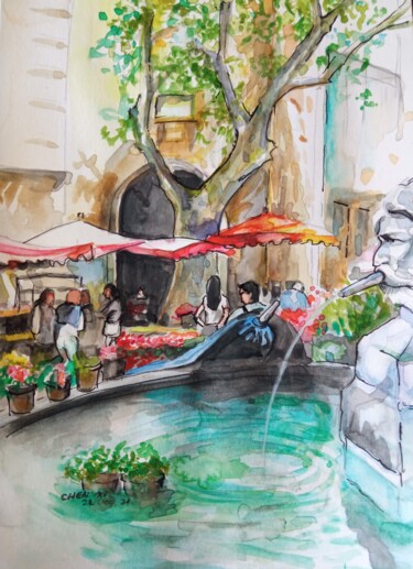 Peinture intitulée "Marché de fleur" par Xi Chen, Œuvre d'art originale, Aquarelle