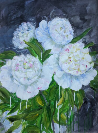 绘画 标题为“White Garden Roses” 由Sylvie Carter, 原创艺术品, 丙烯