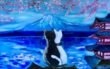CATS IN JAPAN TRAVEL TO JAPAN IN SPRING, BLOOMING SAKURA , M Painting titled "CATS IN JAPAN TRAVE…" by Olga Koval, Original Artwork, Oil Mounted on Wood Stretcher frame