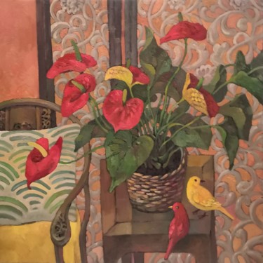 Painting titled "Flamingo flowers" by Yulduskhon, Original Artwork, Oil Mounted on Wood Stretcher frame