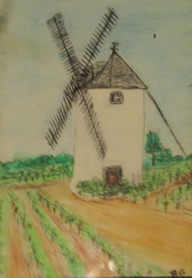제목이 "moulin dans le vign…"인 그림 Bruno Grégory (BG)로, 원작, 수채화 유리에 장착됨