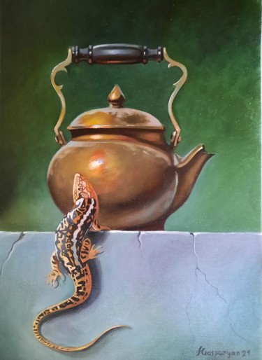 Still life with lizard and kettle (25x35cm, oil painting) Peinture intitulée "Still life with liz…" par Ara Gasparyan, Œuvre d'art originale, Huile Monté sur Châssis en bois