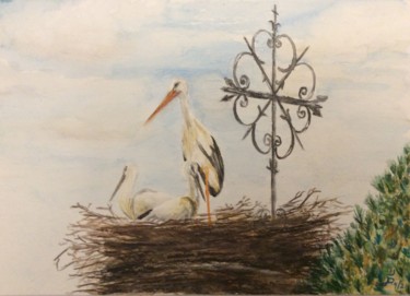 Malerei mit dem Titel "Die Störche von Ott…" von Stefan Dhein, Original-Kunstwerk, Aquarell