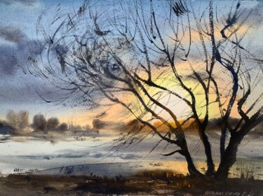 Tree and sunset Painting titled "Tree and sunset" by Eugenia Gorbacheva, Original Artwork, Watercolor