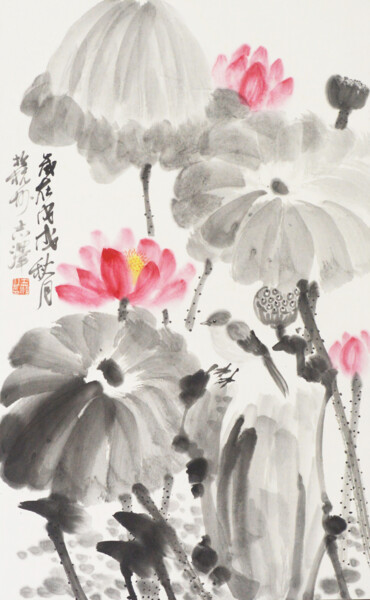 Painting titled "June Lotus" by Zhi Ze Lu, Original Artwork, Ink