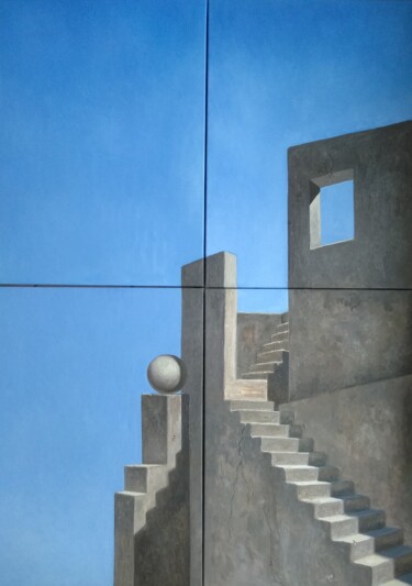 Painting titled "House with sky view" by Tatiana Popova, Original Artwork, Oil Mounted on Wood Stretcher frame