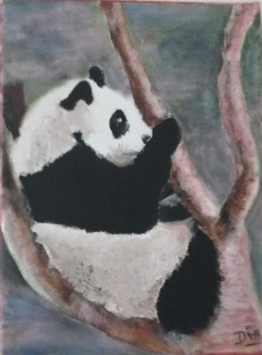 Peinture intitulée "Panda grimpeur" par Nadine Bichon, Œuvre d'art originale, Huile