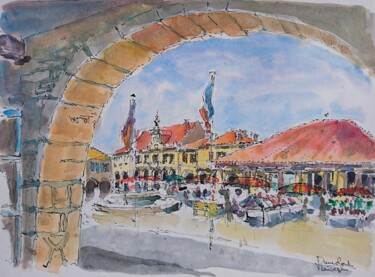 Painting titled "Mauvezin, place de…" by Vincent Dumolard, Original Artwork, Watercolor