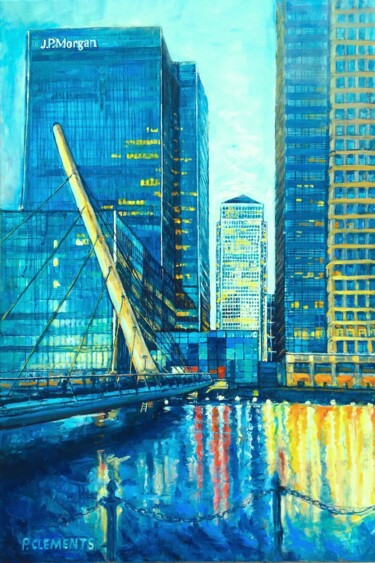 Canary Wharf near dusk a London cityscape 绘画 标题为“Canary Wharf near d…” 由Patricia Clements Art, 原创艺术品, 油 安装在木质担架架上