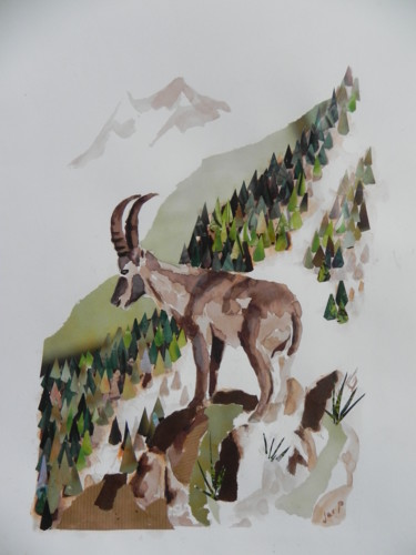 Collages intitulée "bouquetin" par Jacques Pierre Pichon, Œuvre d'art originale, Collages