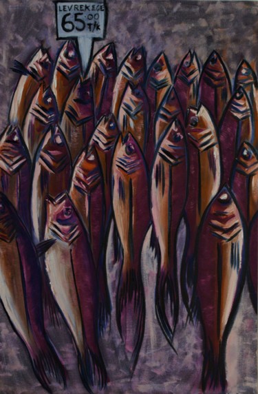 Aegean Sea Bass Painting titled "Aegean Sea Bass" by Simon Houlton, Original Artwork, Oil Mounted on Wood Stretcher frame