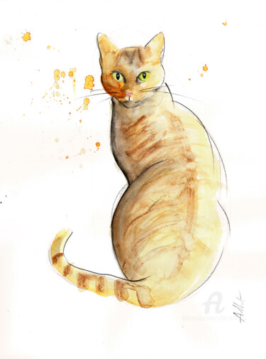 「Chat dynamique 119」というタイトルの描画 Alliet-Delacroixによって, オリジナルのアートワーク, 水彩画 段ボールにマウント