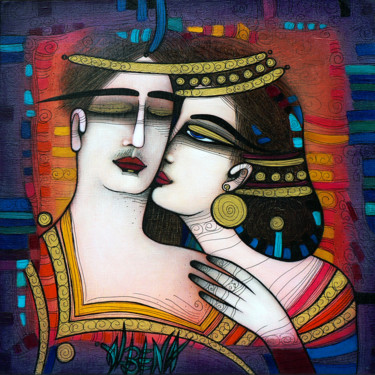 Gravures & estampes intitulée "Le baiser 15x21 cm" par Albena Vatcheva, Œuvre d'art originale, Monotype