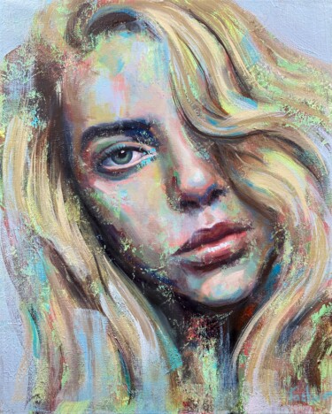 Billie Eilish portrait abstract oil acrylic portrait canvas 绘画 标题为“Billie Eilish portr…” 由Evgeny Potapkin, 原创艺术品, 油 安装在木质担架架上