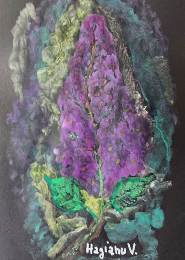 Beautiful and fragrant lilac. Tempera on black paper. Painting titled "Beautiful and fragr…" by Viorica Hagianu, Original Artwork, Tempera Mounted on Glass
