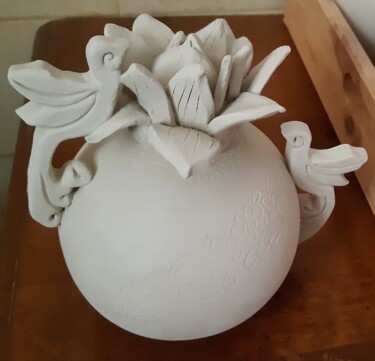 153_« Duo Oiseaux & Fleur LOTUS » *** 雕塑 标题为“153_« Duo Oiseaux &…” 由L'Atelier De Nanou, 原创艺术品, 陶瓷