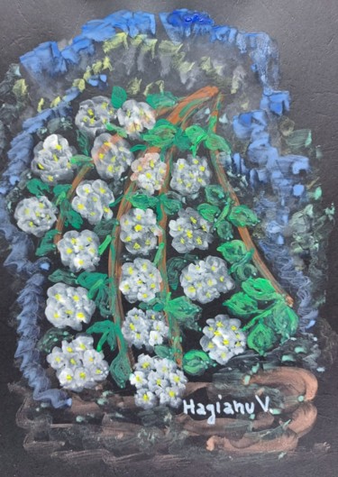 White flowers shrub on an alley. Tempera on paper Painting titled "White flowers shrub…" by Viorica Hagianu, Original Artwork, Tempera Mounted on Glass
