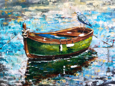 绘画 标题为“"Green boat  and bi…” 由Helga Balaban, 原创艺术品, 油