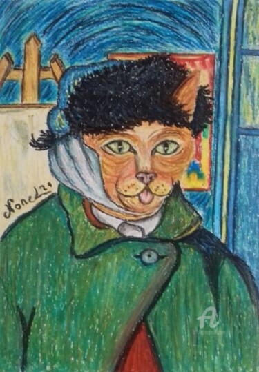 Tekening getiteld "Van Cat Gogh" door Norel, Origineel Kunstwerk, Pastel