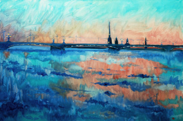 Pacification of the day - PRINT river city water blue Pintura intitulada "Pacification of the…" por Mariia Iakovleva, Obras de arte originais, Óleo Montado em Armação em madeira