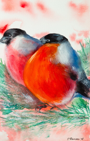 A couple of bullfinches. White background. Malarstwo zatytułowany „A couple of bullfin…” autorstwa Виктория Гаман, Oryginalna praca, Akwarela