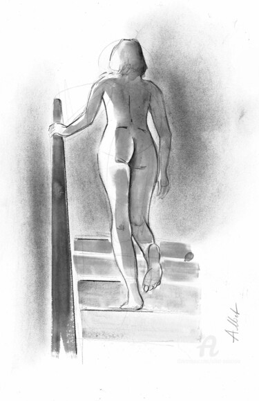 Nu montant un escalier Dessin intitulée "Nu montant un escal…" par Alliet-Delacroix, Œuvre d'art originale, Encre Monté sur Carton