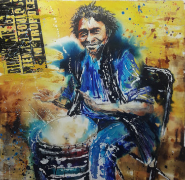 绘画 标题为“Djembe fond jaune” 由Jean-Michel Canal, 原创艺术品, 丙烯 安装在木质担架架上