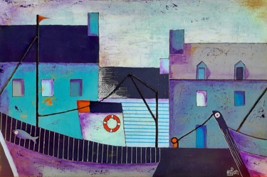 Peinture intitulée "Maisons bleues" par Marie-Pierre Jan, Œuvre d'art originale, Acrylique Monté sur Châssis en bois