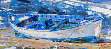 Seascape WAITING old FISHING BOAT shore awaiting out to sea Malerei mit dem Titel "Seascape WAITING ol…" von Volodymyr Glukhomanyuk, Original-Kunstwerk, Öl Auf Keilrahmen aus Holz mont…