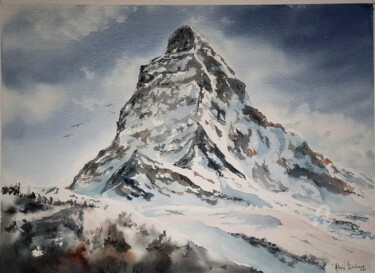 Painting titled "MONT CERVIN" by Alain Devienne, Original Artwork, Watercolor