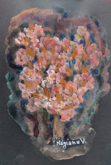 Flowering tree. Viorica Hagianu. Tempera on A4 black paper Painting titled "Flowering tree. Vio…" by Viorica Hagianu, Original Artwork, Tempera
