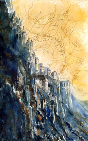 Cité à flanc de montagne 绘画 标题为“Cité à flanc de mon…” 由Arnaud Martin Artiste Peintre, 原创艺术品, 水彩