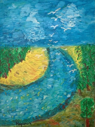 Danube river splitting the plains by V Hagianu.Oil on canvas Painting titled "Danube river splitt…" by Viorica Hagianu, Original Artwork, Oil Mounted on Wood Stretcher frame