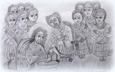 Dessin intitulée "Le lavement de pieds" par Laure Barlet, Œuvre d'art originale, Crayon
