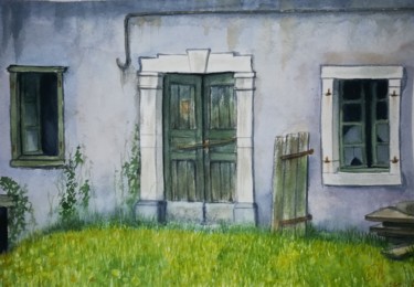 Painting titled "Sarlabous maison bl…" by Mickael Thébault, Original Artwork, Watercolor