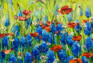 Картина под названием "Summer wildflowers." - Elena Reutova, Подлинное произведение искусства, Масло Установлен на Деревянна…